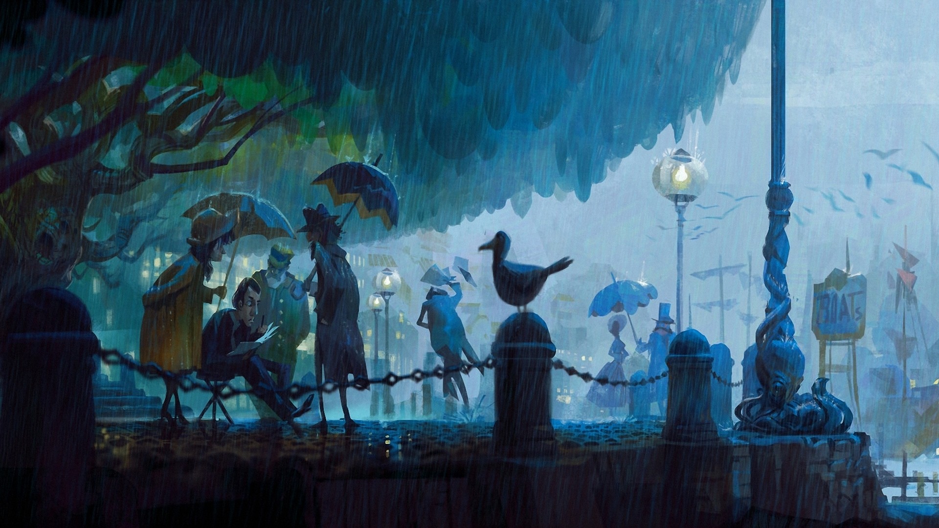 街头绘画 晚上 公园 手电筒 雨 艺术壁纸 其他壁纸 壁纸下载 彼岸桌面