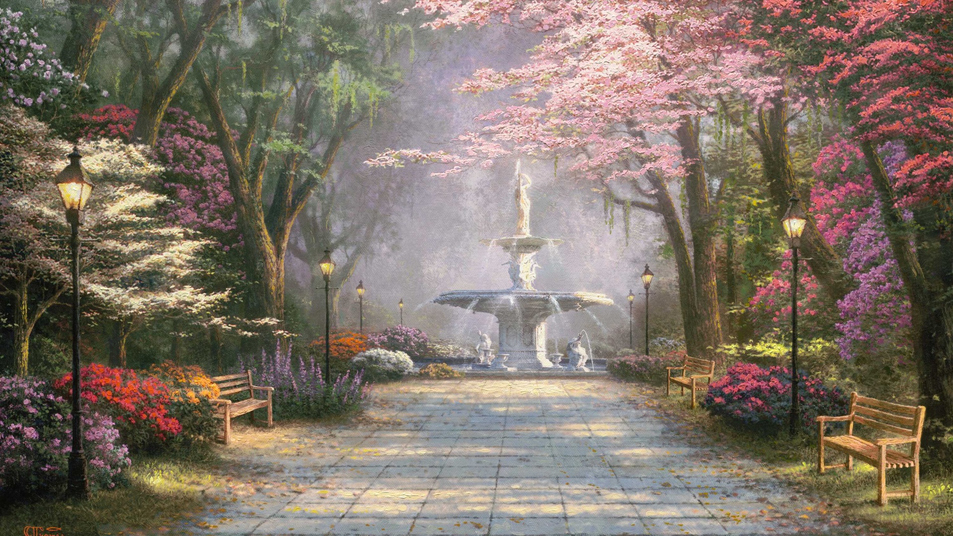 森林浪漫,花园,喷泉,椅子,路灯,世外桃源,托马斯·金凯德,精美风景画