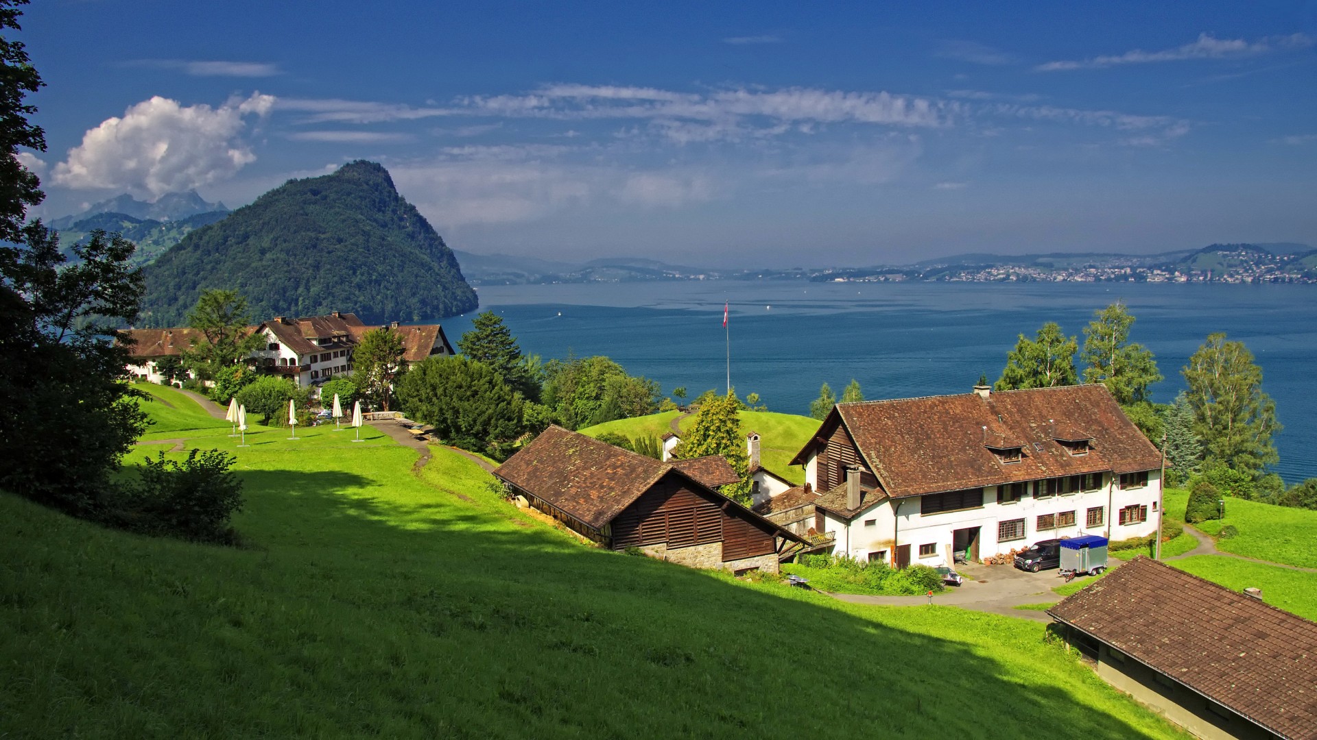 瑞士 盖尔绍 琉森湖 山 绿色草地 房屋 风景桌面壁纸 风景壁纸 壁纸下载 彼岸桌面