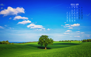蓝天白云绿色草地树风景2016年6月日历桌面壁纸