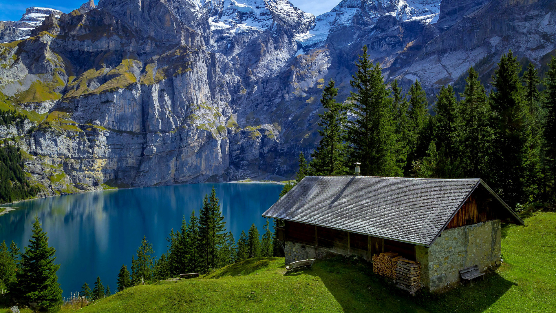 瑞士 森林 山脉 岩石 湖水 房子 自然风景桌面壁纸 风景壁纸 壁纸下载 彼岸桌面