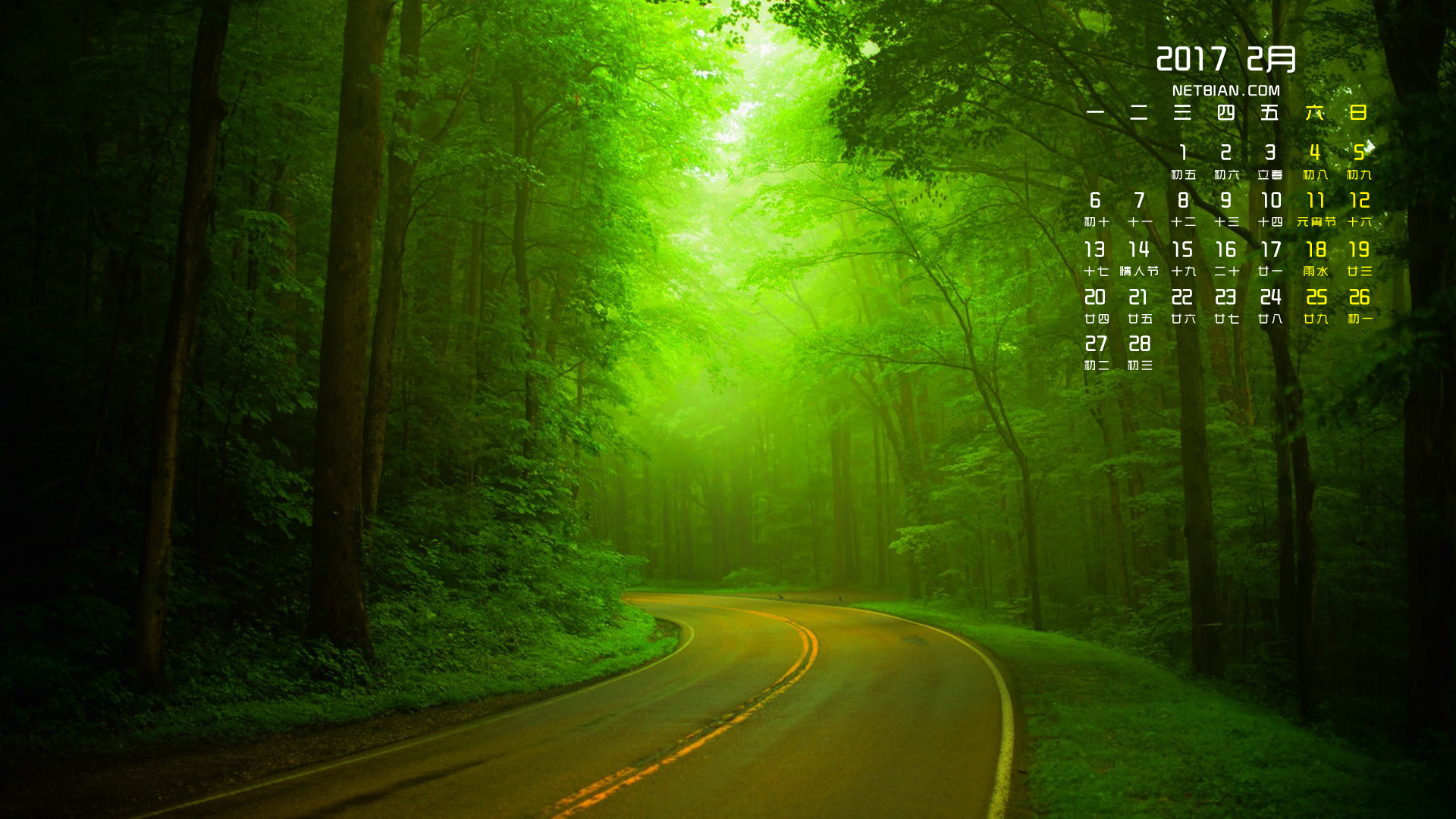 绿色森林公路2017年2月日历风景桌面壁纸