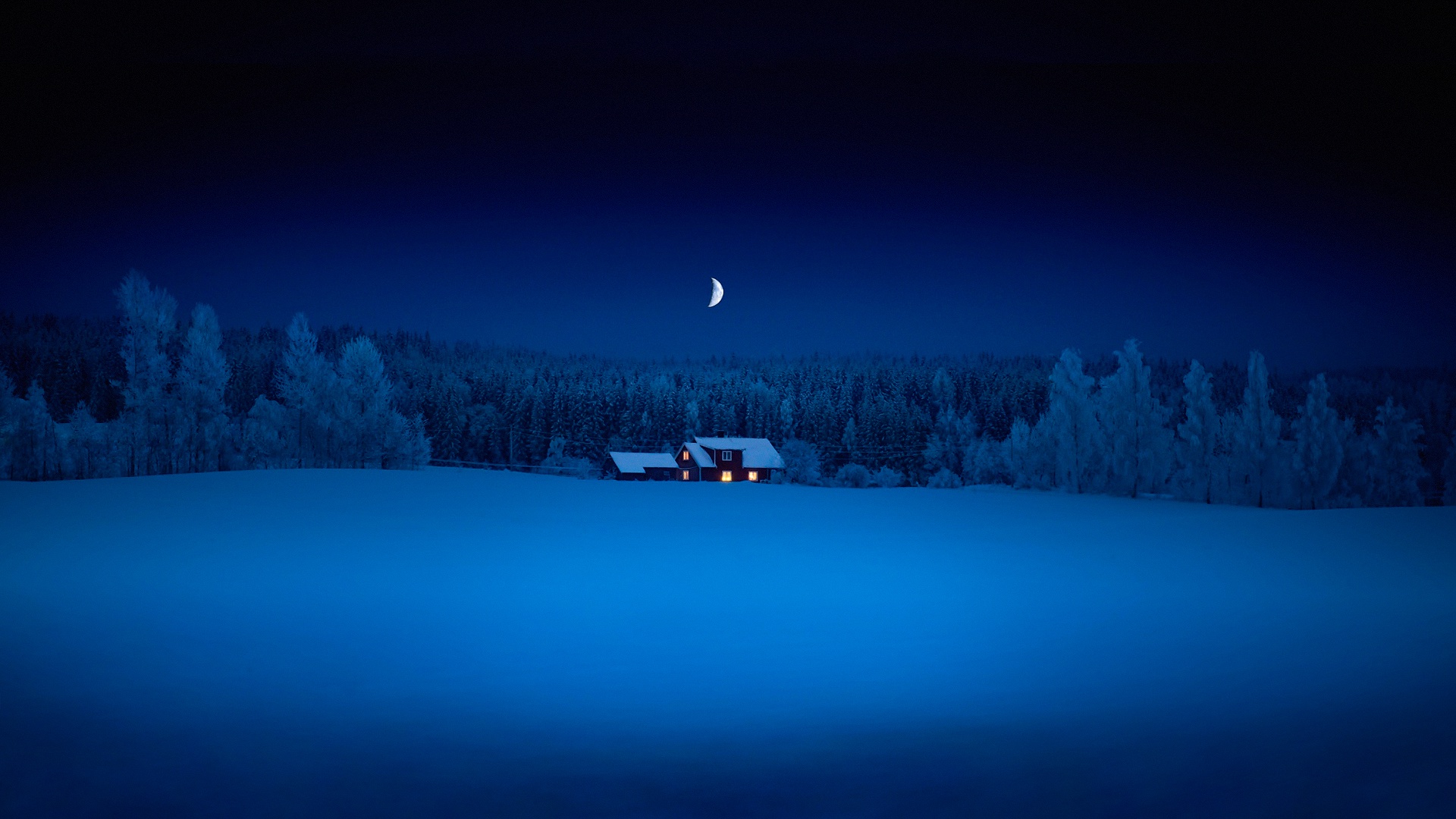 森林 雪夜 房子 月亮 风景桌面壁纸 风景壁纸 壁纸下载 彼岸桌面