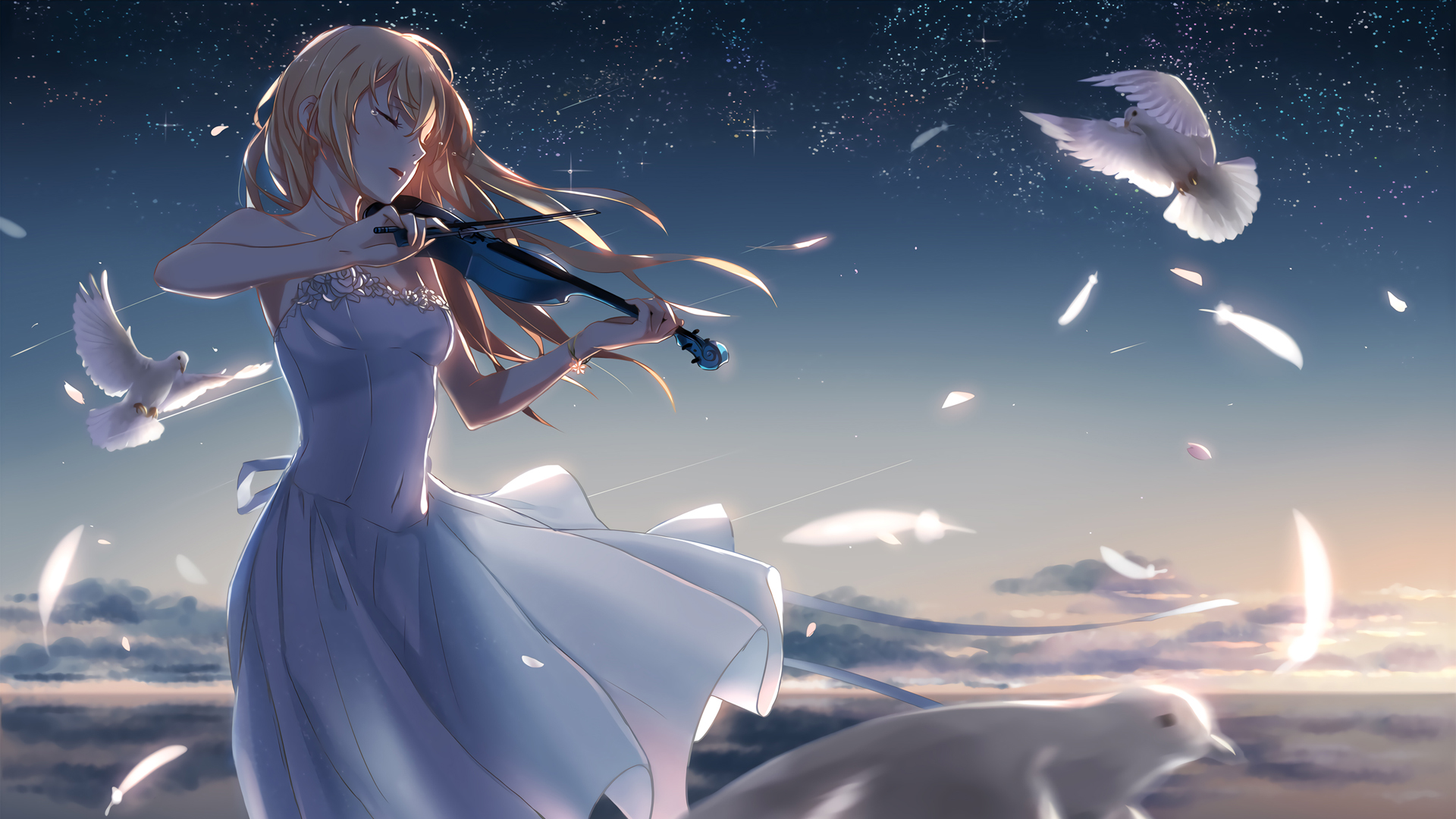 星空 少女 小提琴 白鸽 唯美动漫壁纸