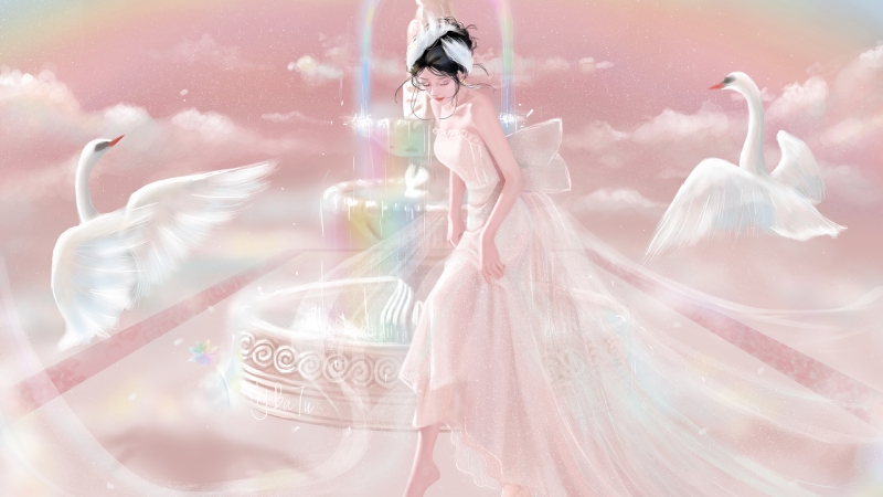 巴图BaTu原创 公主梦 天鹅女孩 彩色喷泉 云雾 梦幻 高清壁纸