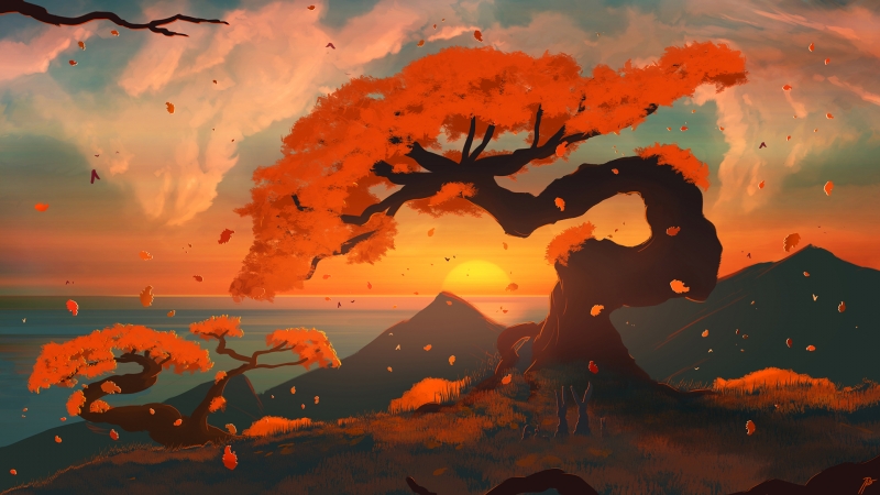 秋天 唯美日落 树 红叶 天空 云 海边 山 高清风景壁纸