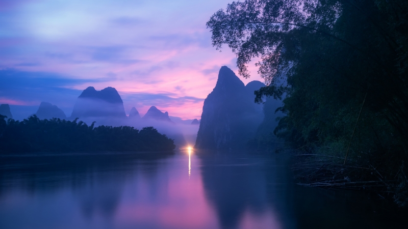 桂林山水风景 河 山 雾 黄昏 光 电脑 壁纸