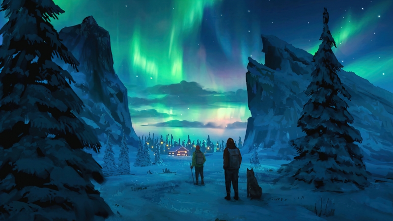北极光 冬天 雪 树 人 狗 房子 灯光 动漫 绘画 风景壁纸