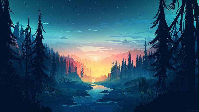 2K 森林 湖泊 山脉 水 夜晚风景 瀑布 云 星星 高清电脑壁纸