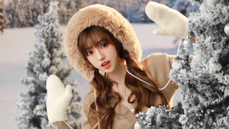 冬天 可爱美女 帽子 手套 雪 圣诞树 桌面壁纸