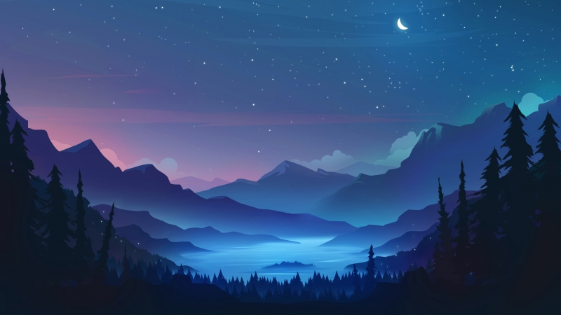唯美 夜晚 山 树 星星 月亮 唯美 绘画风景 电脑 壁纸