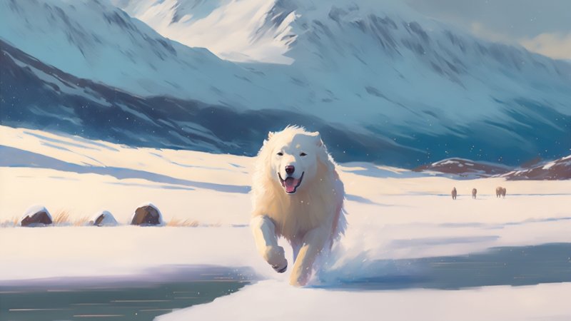 冬天 雪山 雪地 奔跑的狗 插图 动物壁纸