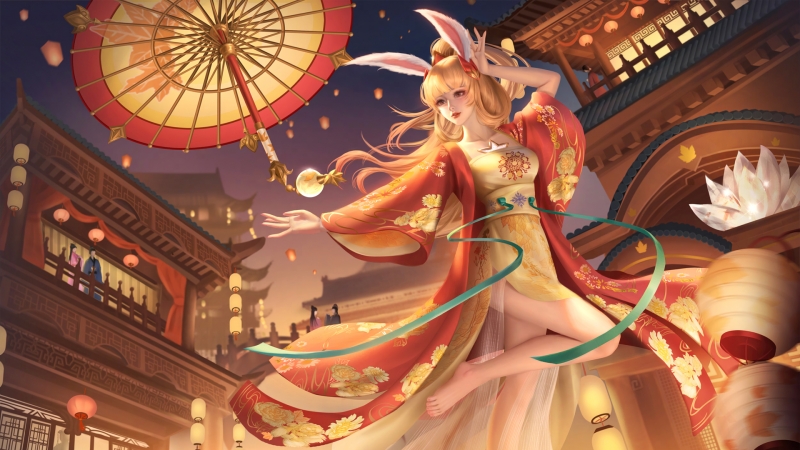 兔耳朵女孩 红衣服 伞 孔明灯 灯笼 春节 古风建筑 动漫 壁纸