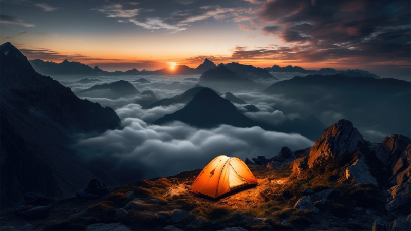 日落时在山顶露营风景桌面壁纸
