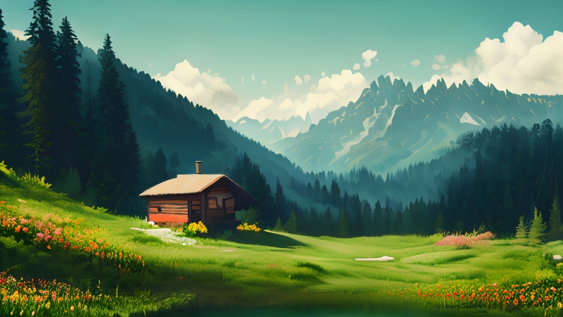阿尔卑斯山 鲜花 小木屋 绿草地 森林 好看自然风景壁纸