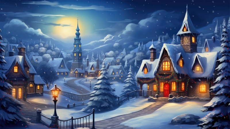 圣诞节 村庄 绘画风景 雪景 桌面壁纸