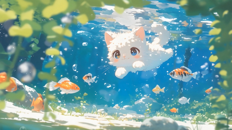  Cat swimming fish 4k animation wallpaper