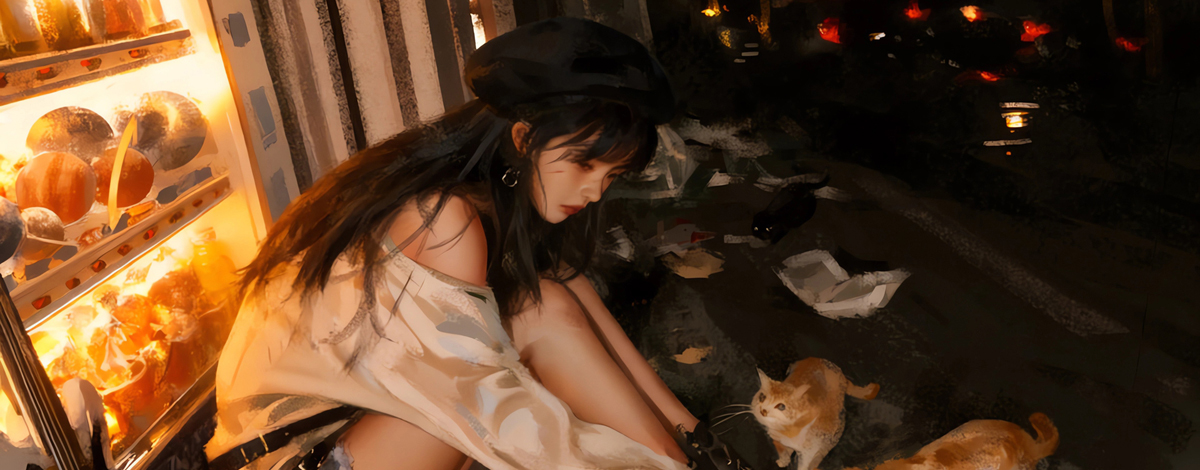 晚上 少女 帽子 流浪猫 4K动漫壁纸