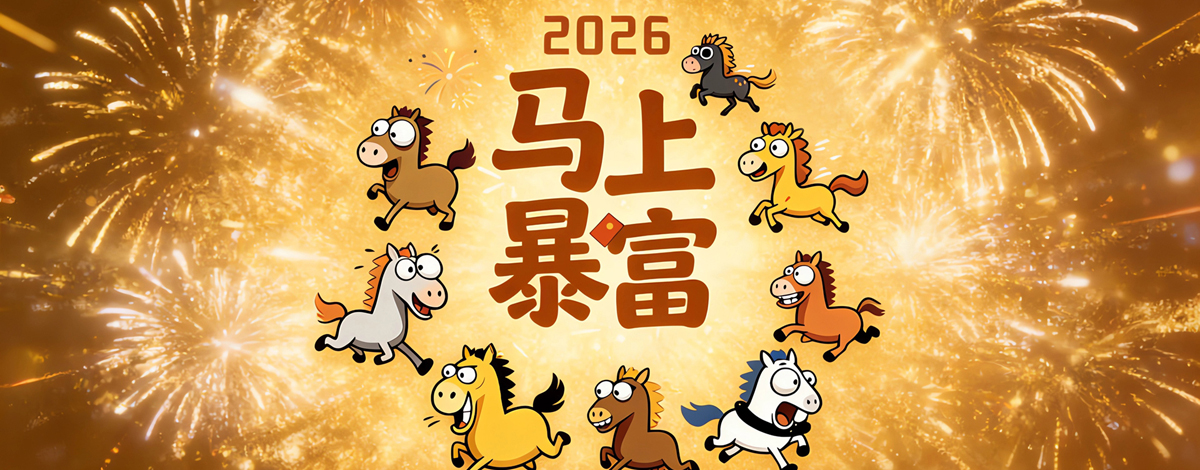 2026马上暴富 可爱马儿 烟花喜庆橙色背景 4K壁纸