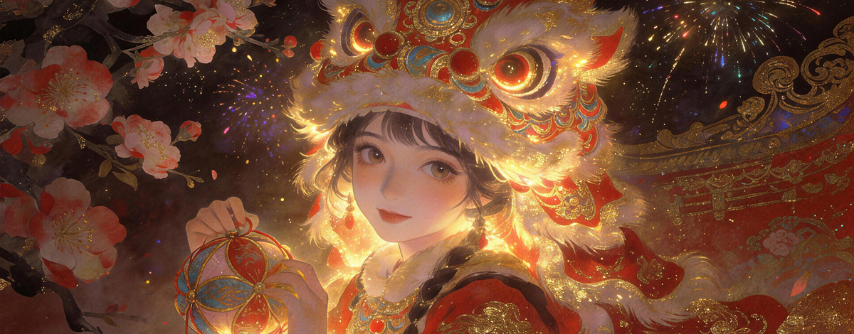 鎏金狮影映娇颜 春节 动漫女孩 4K壁纸