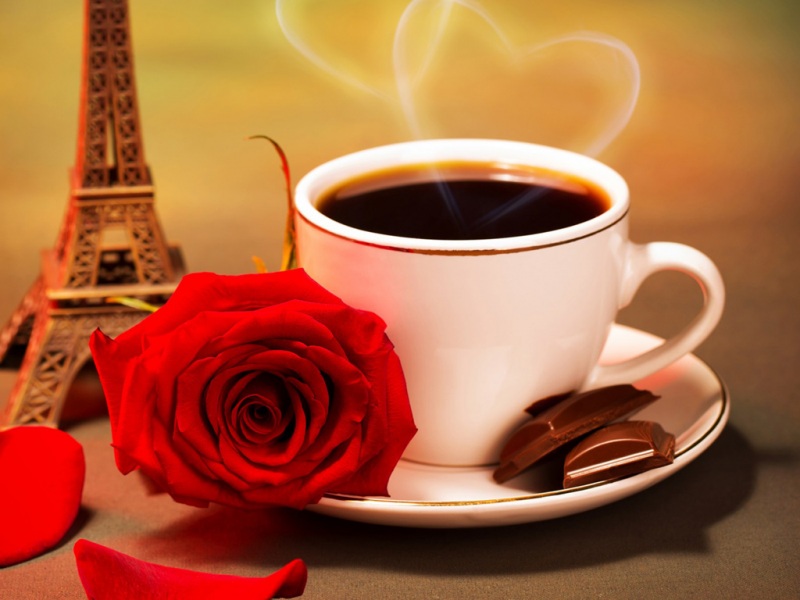 爱情,咖啡,红玫瑰花,埃菲尔铁塔唯美图片,桌面壁纸