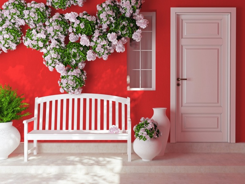 店,鲜花,花瓶,门,椅子,粉色背景墙,桌面壁纸