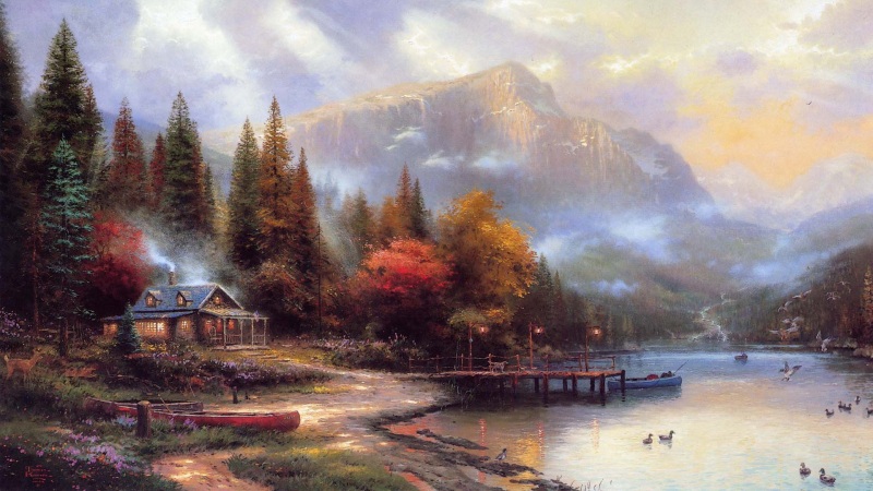 秋天,房子,河流,山脉,小鸭子,托马斯金凯德绘画风景电脑壁纸