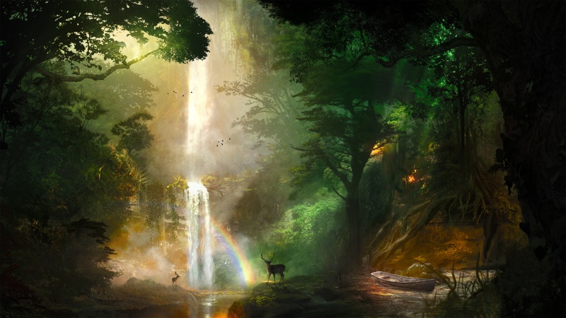 美丽的森林,瀑布,彩虹,鹿,唯美意境风景桌面壁纸