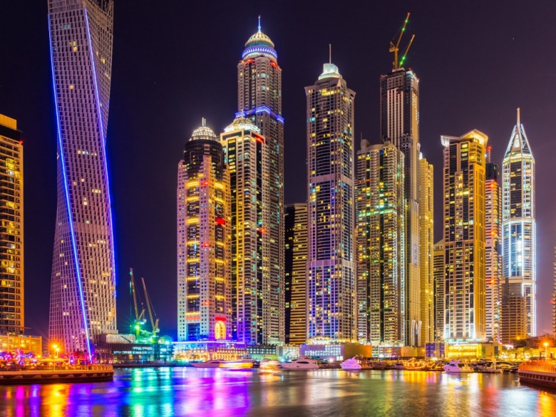 迪拜,城市,摩天大楼,建筑,夜晚,灯光,色彩绚丽,辉煌,城市风光桌面壁纸