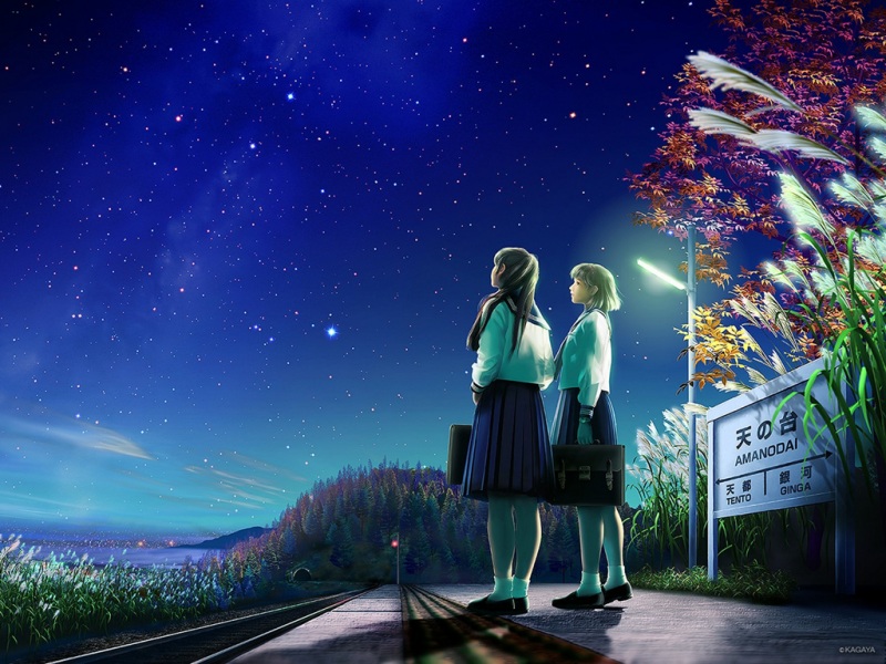 加贺屋，两个女孩，夜晚，星星，车站风景，动漫女生桌面壁纸