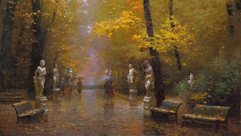 金色秋天,雨中散步,公园,树木,雕像,长凳,雨伞,唯美风景绘画壁纸