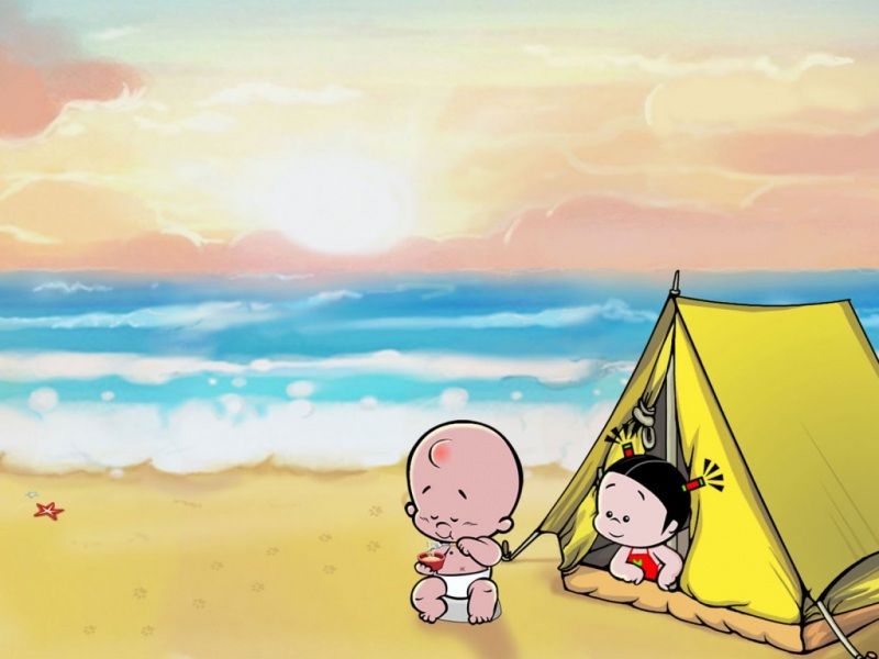 海边露营,小破孩可爱壁纸
