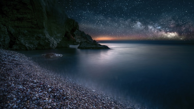 海滩 天空 星星 夜晚 石头 岩石 风景桌面壁纸