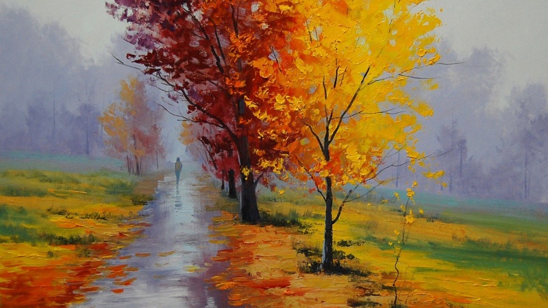秋天,公园,树林,走道,人物,绘画风景壁纸