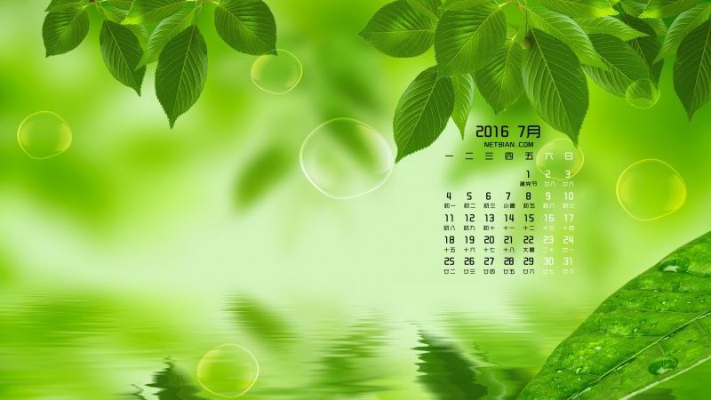 清新绿叶2016年7月日历桌面壁纸