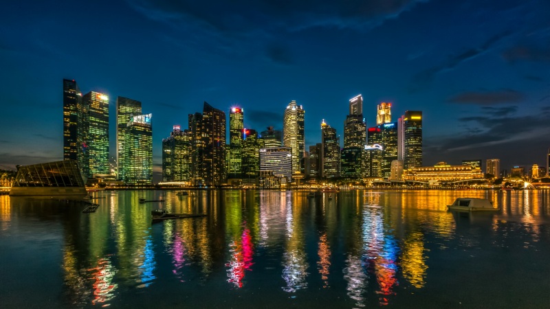 新加坡,摩天大楼,水,晚上,城市桌面壁纸