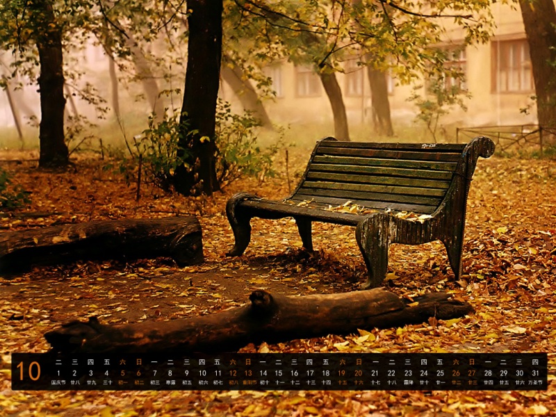 2013年十月日历壁纸 秋天公园景色、树木、旧板凳、满地落叶