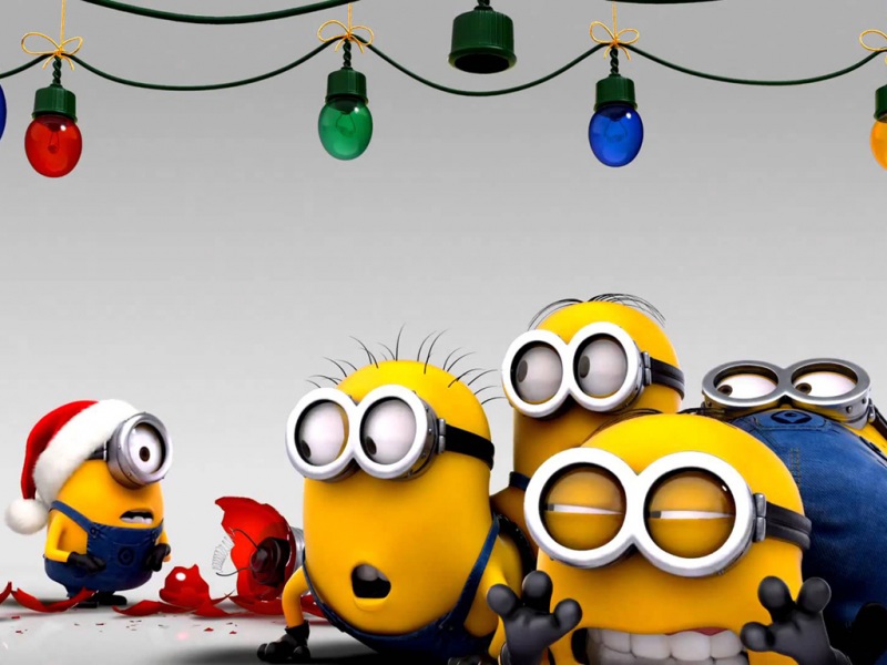 可爱小黄人，圣诞帽，彩灯，小黄人之圣诞节壁纸