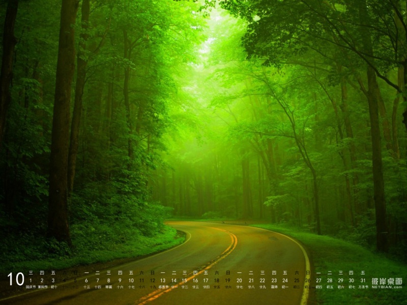 彼岸桌面2014年10月日历风景壁纸 绿色森林公路风景