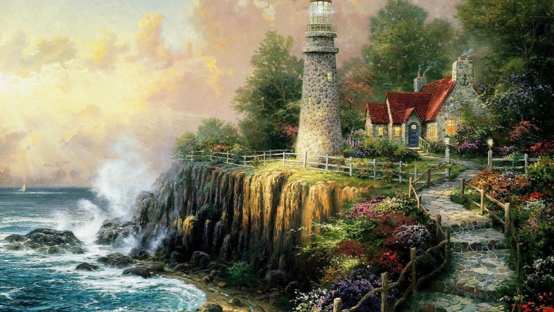 和平，海，灯塔，房子，家园，树林，托马斯·金凯德，艺术绘画，唯美风景画桌面壁纸