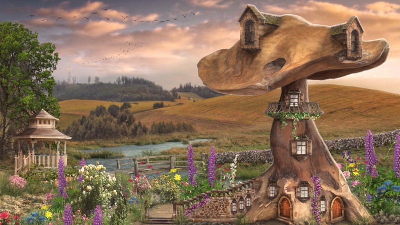 蘑菇,房子,鲜花,河,花园,唯美绘画风景壁纸