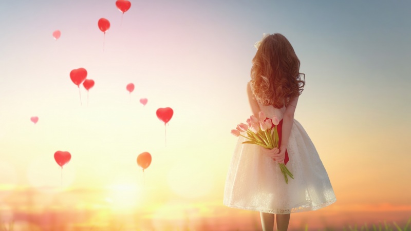 女孩,浪漫,爱的心,气球,花,日落,唯美桌面壁纸
